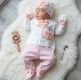 Человечек Waffle "Корона бант" белый+персик , девочка 0-3-6 месяцев