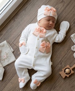 Человечек Waffle "Корона бант" белый+персик , девочка 0-3-6 месяцев