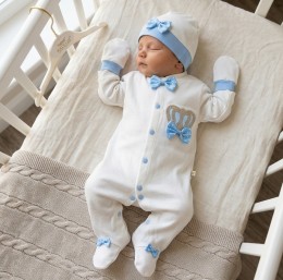 Человечек Waffle "Корона+голубой бант" белый , мальчик 0-3-6 месяцев