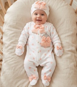 Человечек Waffle "Персиковые коронки" белый , девочка 0-3-6 месяцев