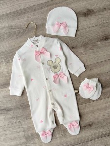 Чоловічок Waffle "Рожеві мишки" білий, дівчинка 0-3-6 місяців
