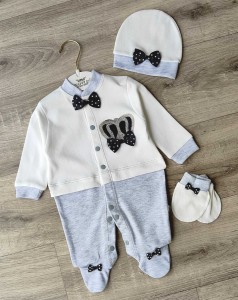 Человечек Waffle "Корона" белый и серый, мальчик 0-3-6 месяцев