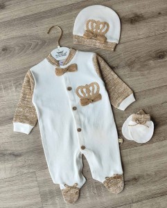 Человечек Waffle "Корона" молочный и коричневый, мальчик 0-3-6 месяцев