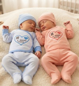Комплект "Я❤️маму і тата" персиковый и голубой, мальчик и девочка 0-3 месяцев